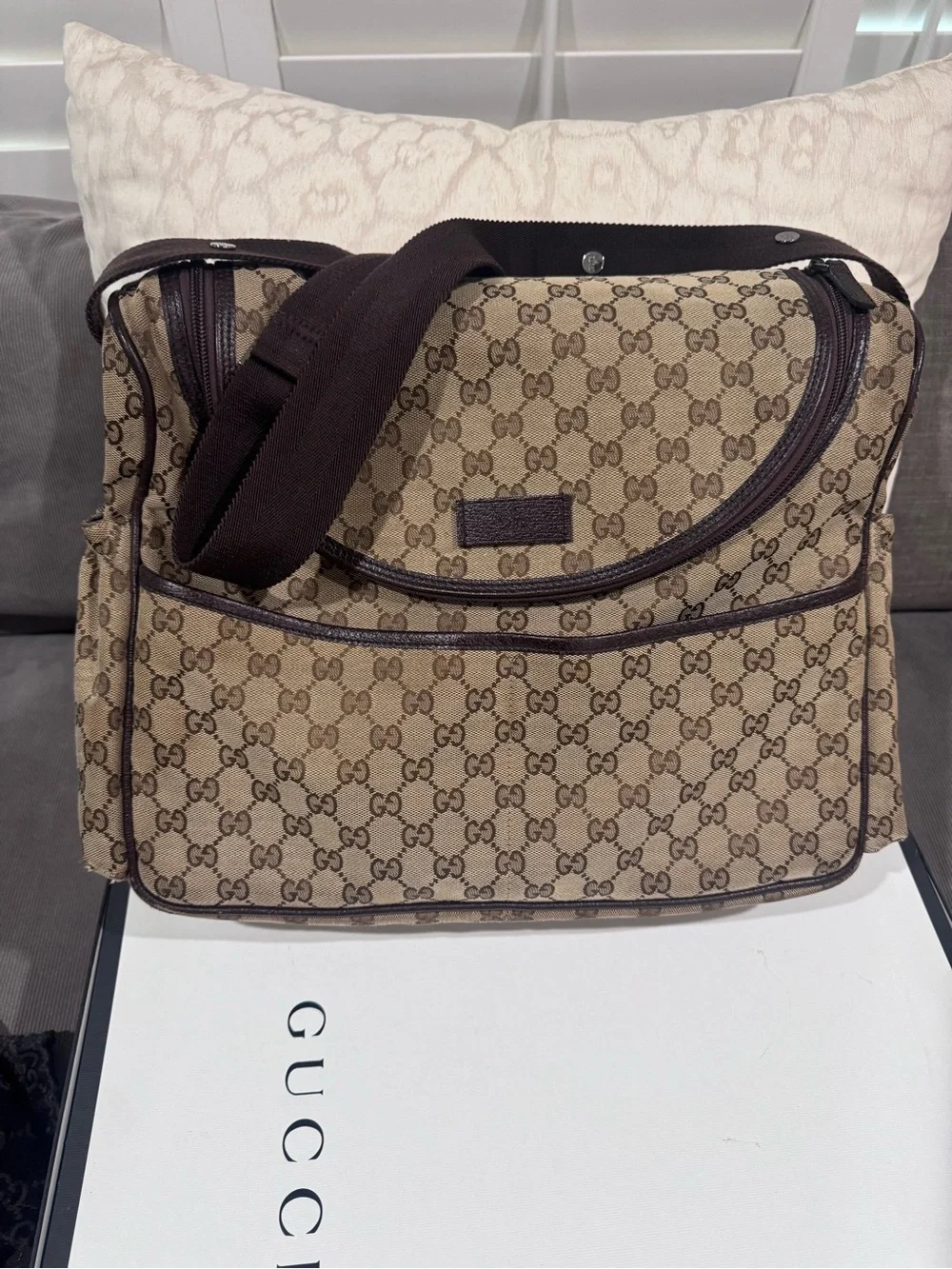 Gucci Beige GG Canvas Baby Messenger Bag with Dark Brown Trim